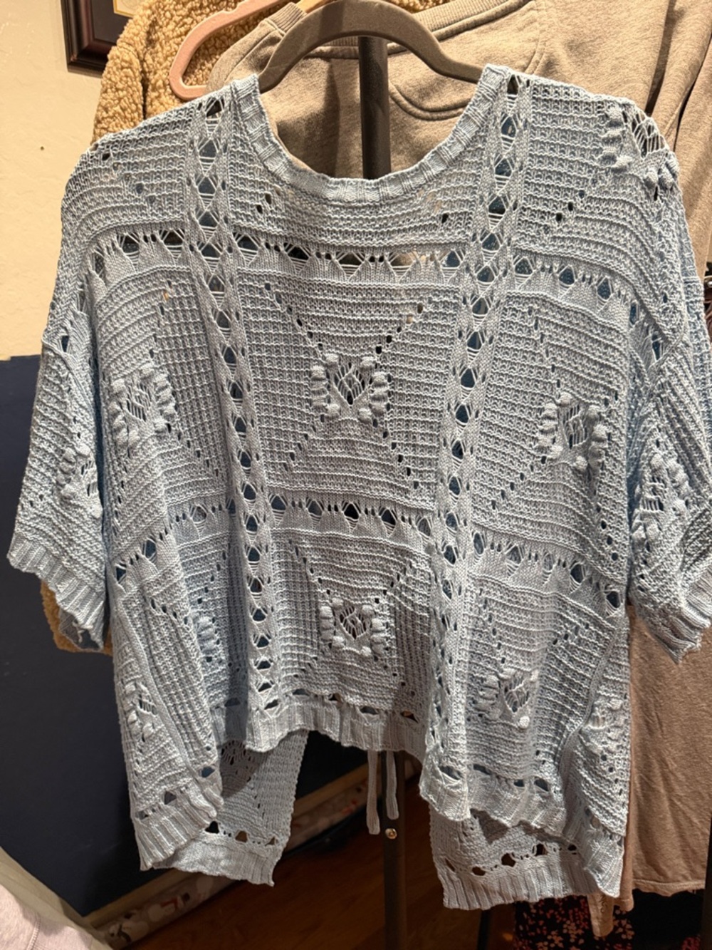 Umgee Light Blue Crochet Knit Short Sleeve Drawstring Top